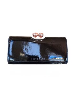 Ted Baker Black Patent Leather Foldover Flap Kisslock Wallet